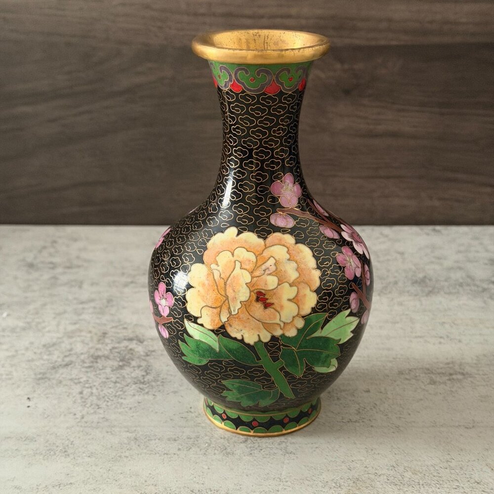 Vintage Enamel on Copper 6.5" Vase Multicolor Pink Yellow Itoh Peony Flowers